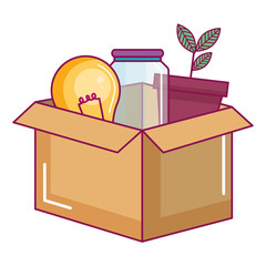 carton box with bulb and plant vector illustration design