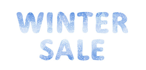 Winter sale lettering. Blue letters with texture of snow. Vector illustration, isolated on white