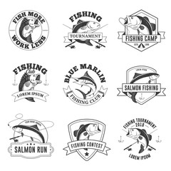 Set of vintage fishing badges, labels, emblems, logo, stickers isolated on white background - 181930126