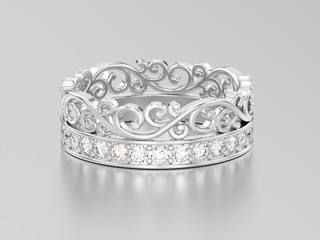 3D illustration white gold or silver decorative crown diadem diamond ring
