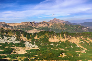 A beautiful view of the mountain range on a summer cloudy day