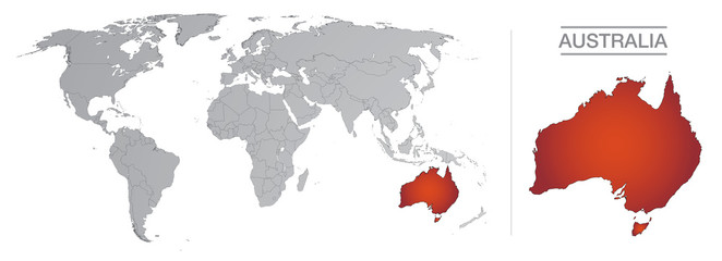 Australia in the world, with borders and all the countries of the world separated