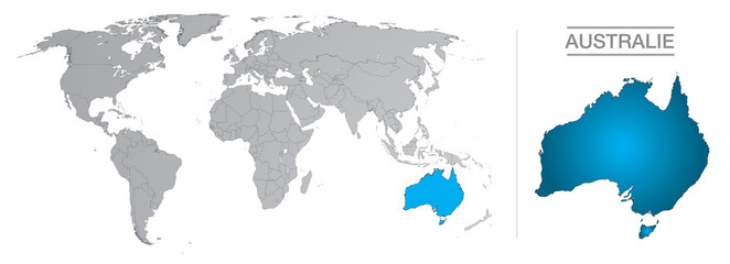 Australie dans le monde, avec frontières et tous les pays du monde séparés