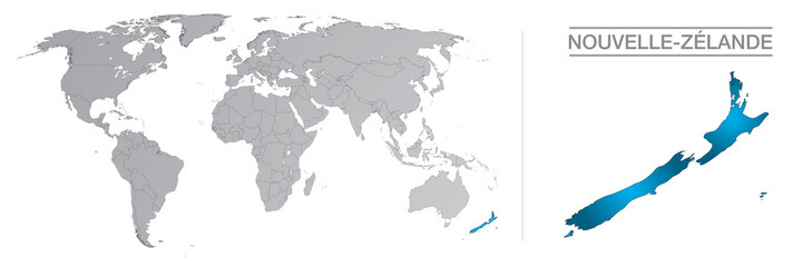 Fototapeta na wymiar Nouvelle-Zélande dans le monde, avec frontières et tous les pays du monde séparés