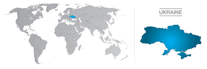 Ukraine dans le monde, avec frontières et tous les pays du monde séparés