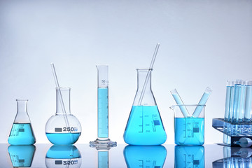 Assortment of glass containers for laboratory general view
