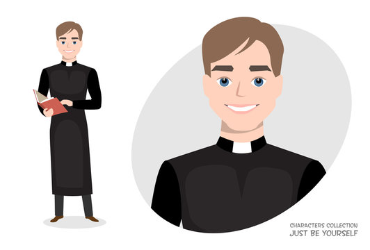 Priest in cassock with a Bible in cartoon style