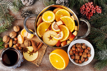 Christmas mulled wine and spices. Christmas background. Merry Christmas