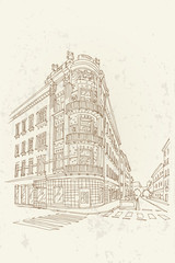 Hand drawn ink line sketch of european street