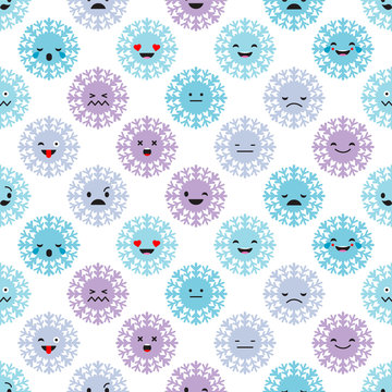 Seamless background with Snowflakes emotions. Cute cartoon. Vector illustration. Textile rapport.