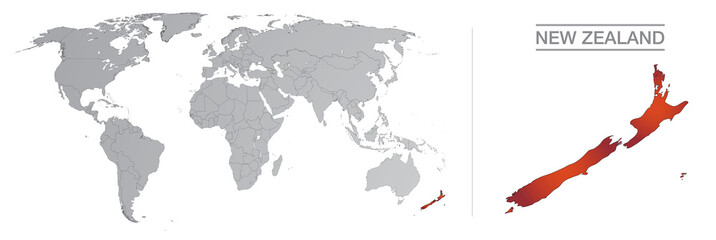 New Zealand in the world, with borders and all the countries of the world separated 