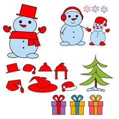 Set of winter holidays snowman. Cheerful snowmen in different costumes. Vector illustration.