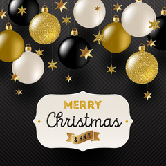 Vector illustration - Frame with Christmas greeting , Golden stars and black, white and glitter gold Christmas baubles.