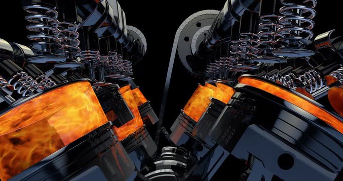 Close Up Working V8 Engine Animation With Explosions - Loop