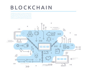 Blockchain technologie process abstract illustration in thin line style. Cryptocurrency vector concept.
