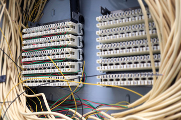 Internet wire cable connection switch hub in server room, internet communication concept