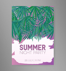 Summer night party flyer or invitation template with hanging green tropical palm leaves or foliage of exotic jungle trees and place for text. Colorful vector illustration for event advertisement.