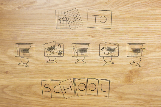 student desks with laptops and Back to School textbooks