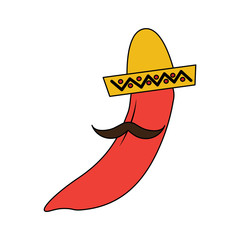 hot mexican chili pepper with hat and mustache vector illustration