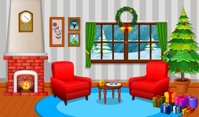 Christmas living room with a tree and fireplace