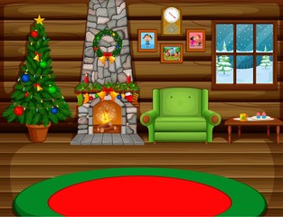 Christmas living room with a tree and fireplace