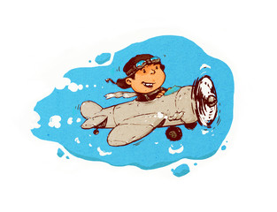 A little boy is flying in the air among the clouds. Painted image in cartoon style. Illustration isolated on white background, ready for print and websites. The young pilot flies over the clouds.