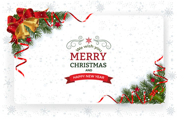 Christmas And New Year Greeting Card.Christmas background with decoration and paper. Decorative Christmas festive background with bells stars and ribbons. - 181939137