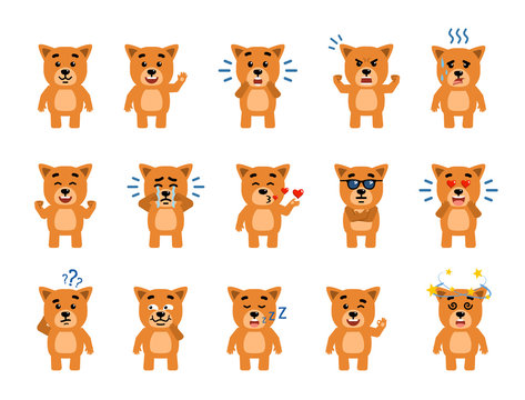 Set of funny yellow puppy characters showing different emotions. Cheerful dog pup laughing, crying, dazed, sleeping and showing other facial expressions. Flat style vector illustration