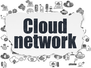 Cloud computing concept: Painted black text Cloud Network on Torn Paper background with  Hand Drawn Cloud Technology Icons