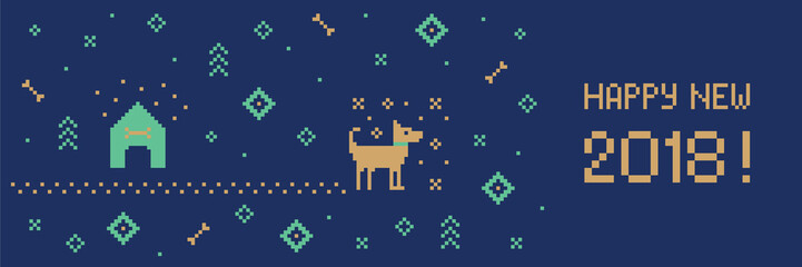 Chinese happy new year 2018 cross stitch greeting internet banner with dog. Pixel art
