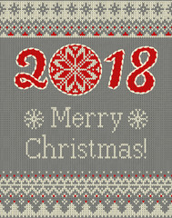 Merry Christmas and New Year seamless knitted pattern with Christmas balls, snowflakes and fir. Scandinavian style. Winter Holiday Sweater Design. Vector Illustration.