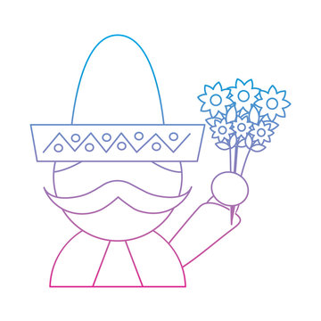 man with sombrero holding flowers mexico culture icon image vector illustration design  blue purple ombre line