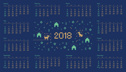 Calendar 2018 with cross stitch dog pixel art. Starts on sunday