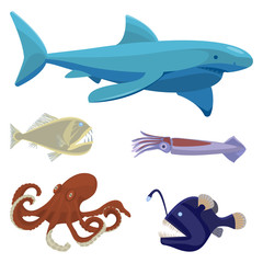 Deep sea dangerous unusual creatures isolated illustrations set