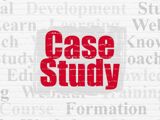 Education concept: Painted red text Case Study on White Brick wall background with  Tag Cloud