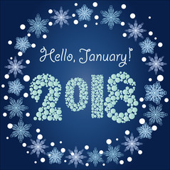 Inscription Hello, January in a frame of snowflakes on a blue background, blizzard