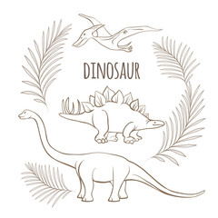 Obraz premium Ancient dinosaurs and palm branches monochrome outline sketch