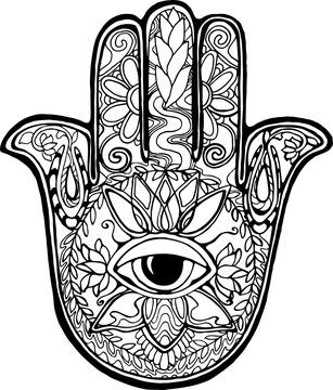Illustration of an ancient symbol of hamsa. Black and white hand drawing