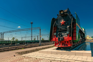 Monument to Russian steam locomotive P36-0192, built in 1956, Taiga. Kemerovo region. Russian