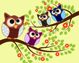 Obraz premium Bright cute cartoon owls sit on the flowering branches of fantastic trees