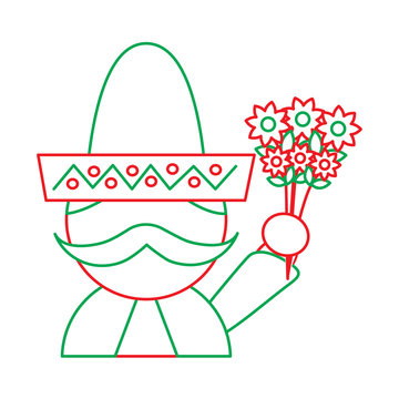 mexican man with hat and mustache holding bunch flower vector illustration