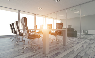 Modern office Cabinet. Meeting room. 3D rendering., Sunset.