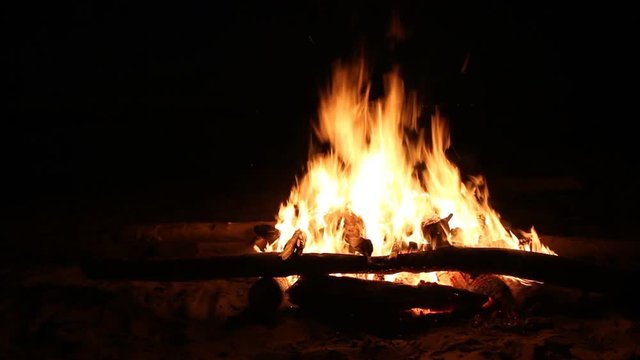 Bonfire burning on a dark background at night 
