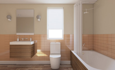 Modern bathroom with large window. 3D rendering.