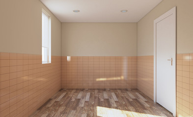 Modern bathroom with large window. 3D rendering.