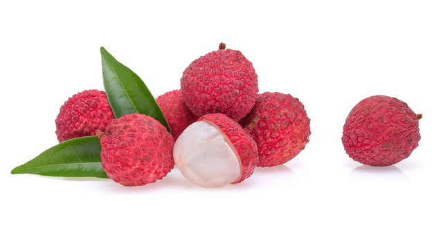 Fresh lychee with leaf isolated on white background.
