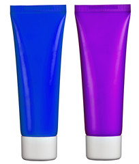 Close-up of two blank lotion tubes with copy space