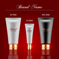 Set of cosmetic products on red background. Packaging template. Vector illustration