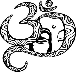 The face of the Buddha is inscribed in the om. Black and white illustration. Buddhism.