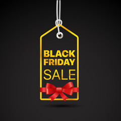 Black Friday golden Label. Black friday sale vector tag with red ribbon